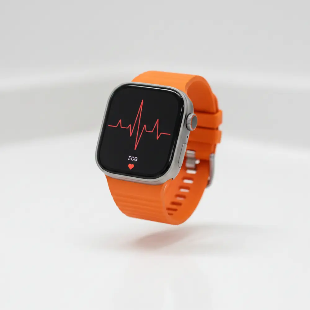 Apple Watch Ultra mostrando gráfico de electrocardiograma (ECG) en pantalla con estética médica.
