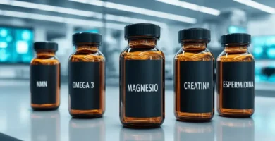 Los 5 mejores suplementos antienvejecimiento 2025: NMN, Omega 3, Magnesio, Creatina y Espermidina.