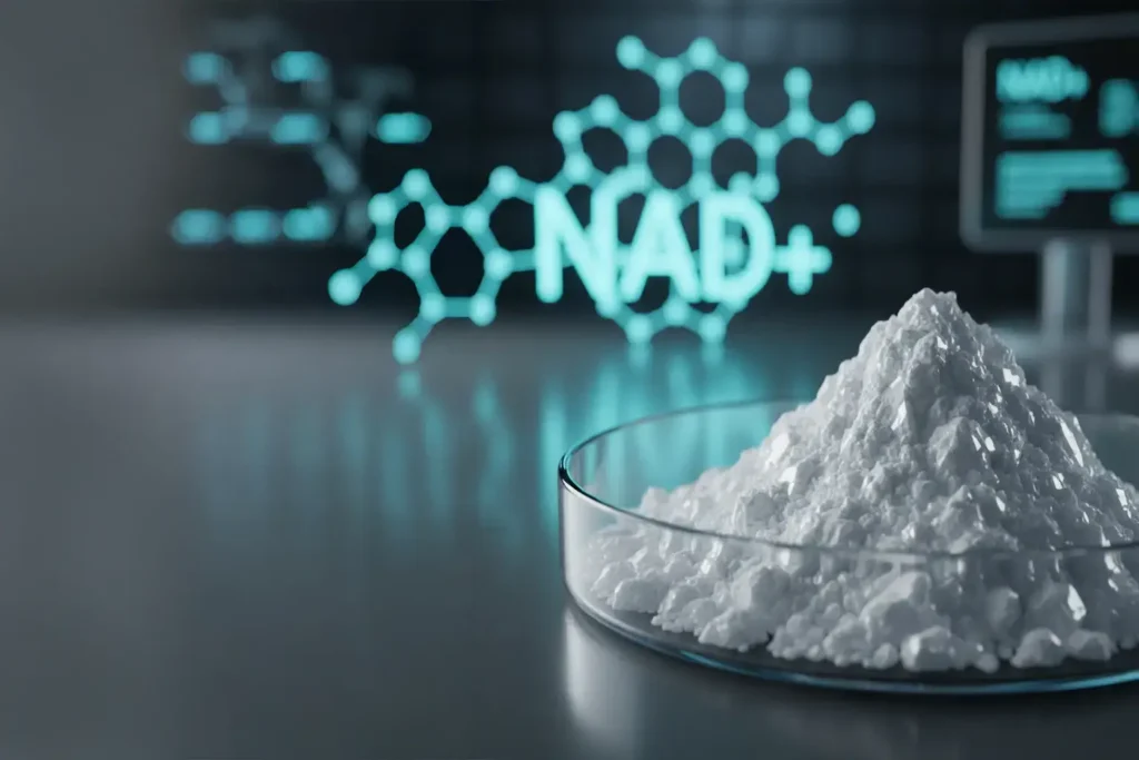 Polvo puro de NMN en laboratorio para aumentar niveles de NAD+.