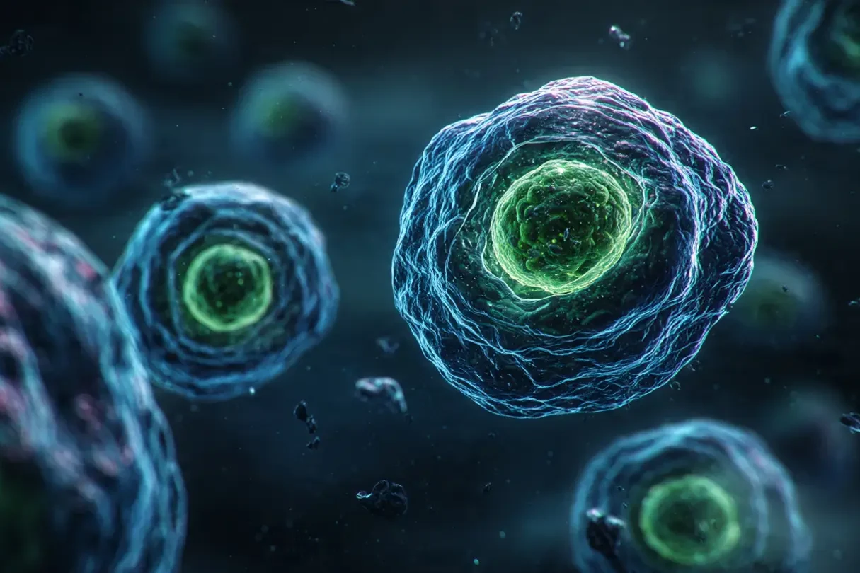Ilustración microscópica del proceso de autofagia y renovación celular activado por la espermidina.