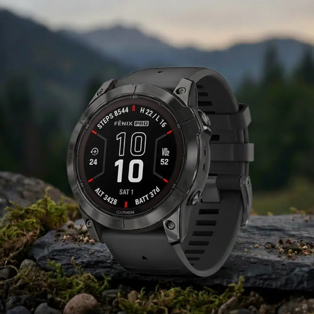 Reloj deportivo Garmin Fenix negro sobre roca mostrando gráfico de energía Body Battery y VO2 Max.
