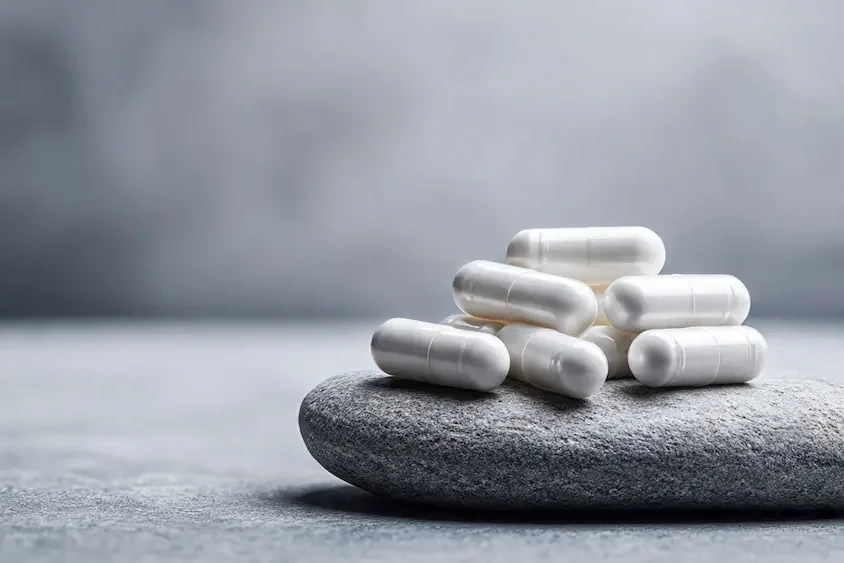 Cápsulas blancas de magnesio bisglicinato sobre una piedra zen gris.