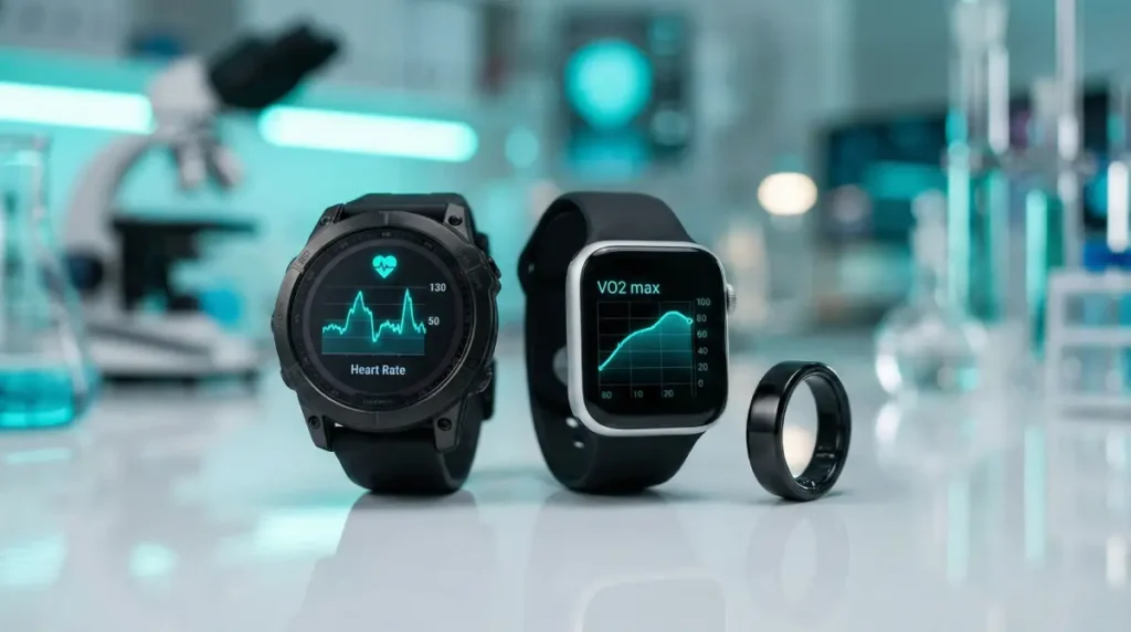 Comparativa de mejores relojes deportivos y anillos inteligentes para medir VO2 Max y salud: Garmin, Apple Watch y Oura.