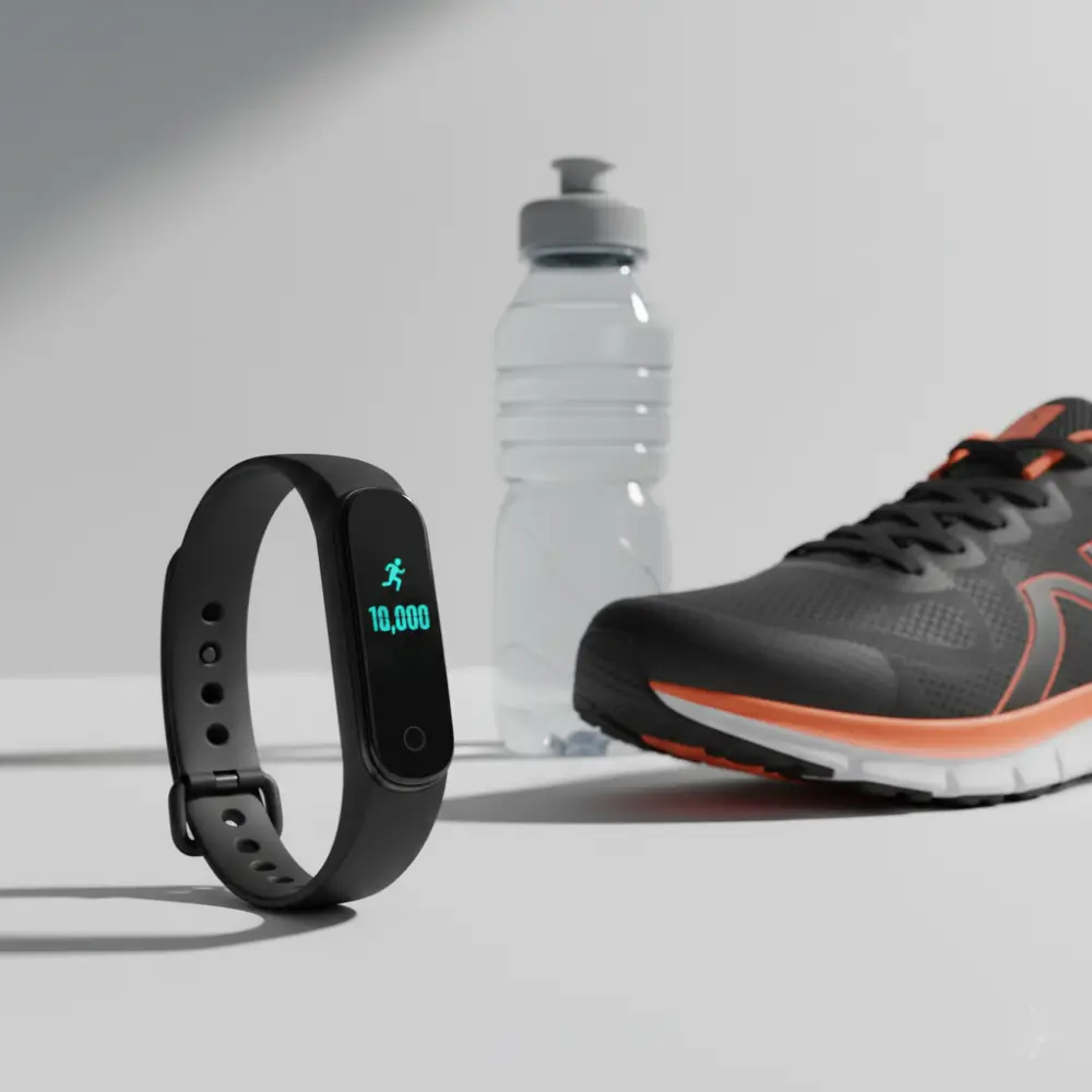 Pulsera de actividad fitness negra tipo Xiaomi Band mostrando contador de pasos en entorno deportivo.
