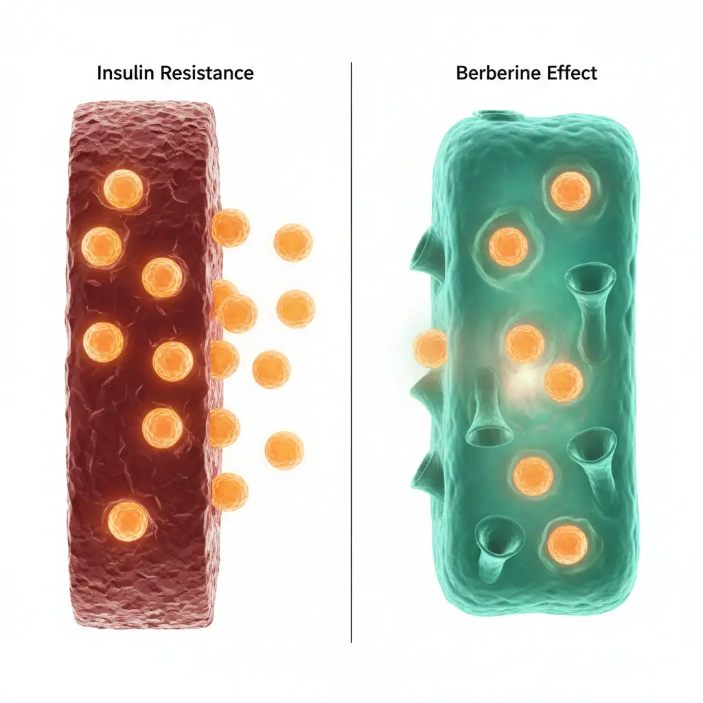 Gráfico médico comparativo: célula con resistencia a la insulina (rojo) frente a célula activada por berberina vía AMPK (verde).