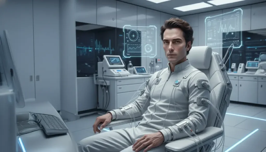 Representación artística de Bryan Johnson monitorizando sus biomarcadores en un laboratorio de longevidad futurista.