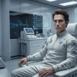 Representación artística de Bryan Johnson monitorizando sus biomarcadores en un laboratorio de longevidad futurista.