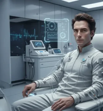 Representación artística de Bryan Johnson monitorizando sus biomarcadores en un laboratorio de longevidad futurista.