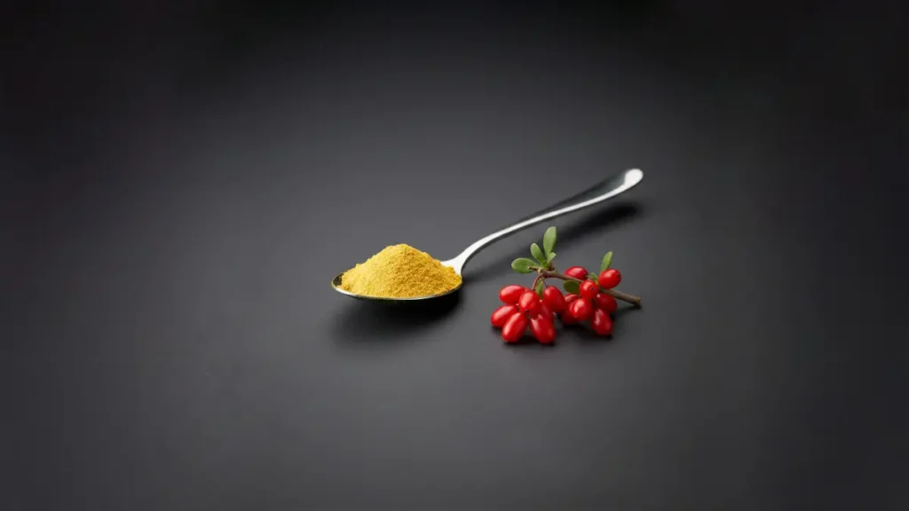 Cuchara con polvo de berberina pura de color amarillo brillante junto a una rama natural de Berberis vulgaris.