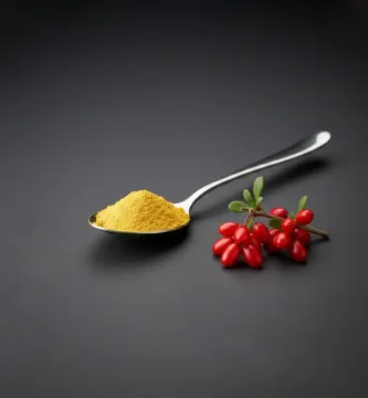 Cuchara con polvo de berberina pura de color amarillo brillante junto a una rama natural de Berberis vulgaris.