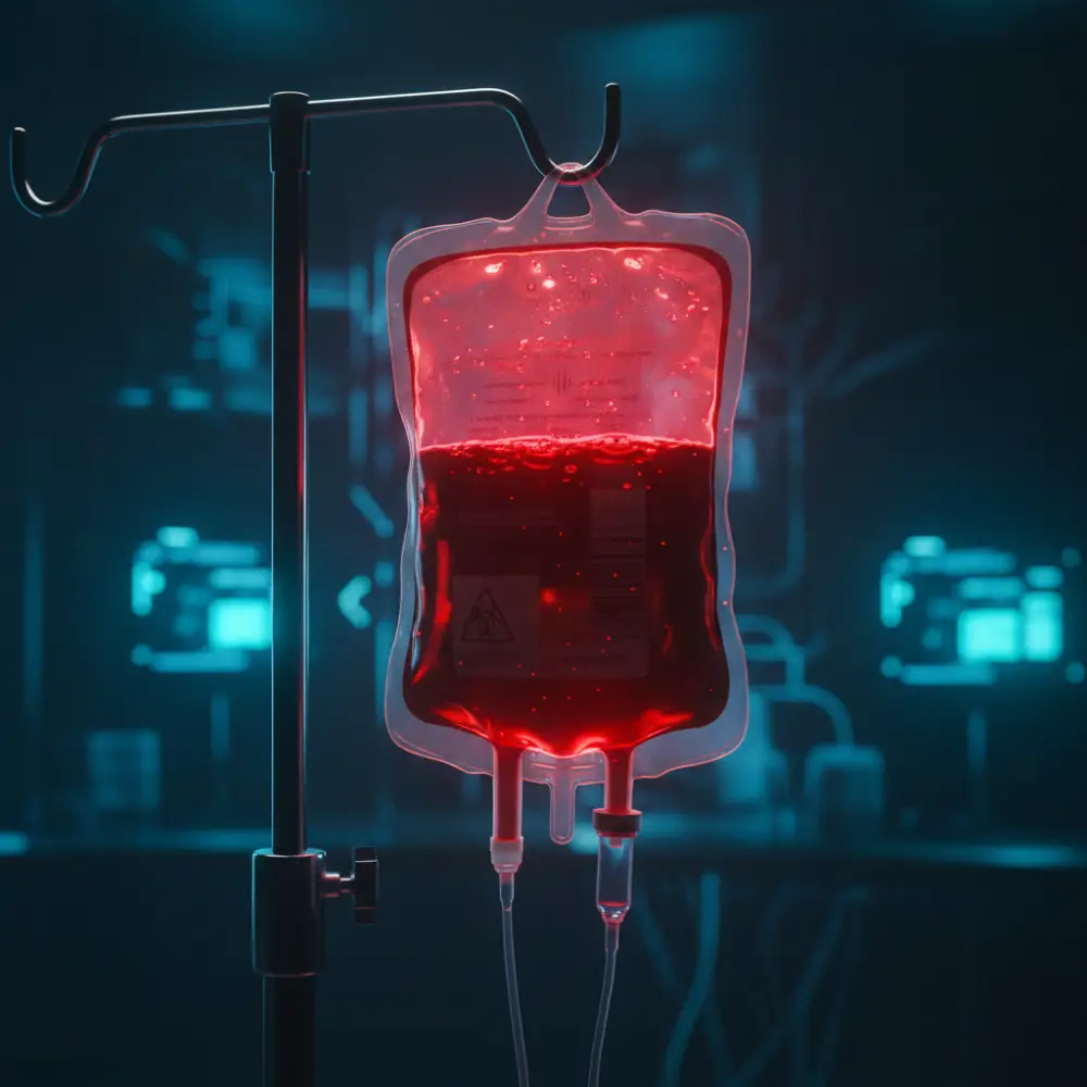 Bolsa de plasma sanguíneo en laboratorio clínico simbolizando terapias de rejuvenecimiento y análisis de sangre.