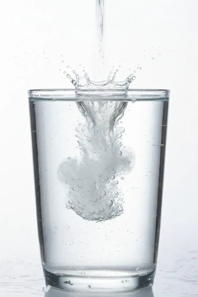 Polvo de electrolitos sin azúcar disolviéndose en un vaso de agua para mantener la hidratación durante el ayuno.