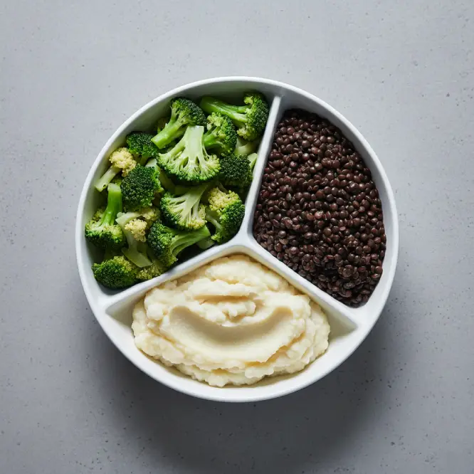 Plato de comida vegana de alta densidad nutricional basado en el protocolo Blueprint (Super Veggie y Nutty Pudding).